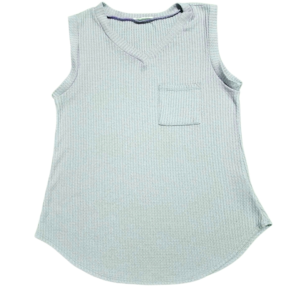 BOMBOM Mint Green Waffle Knit Tank Top S V-Neck USA | Minimalist Normcore Casual